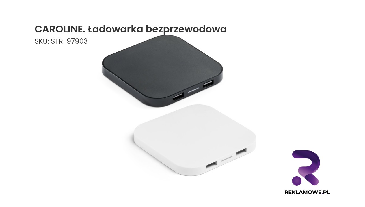 CAROLINE. Ładowarka bezprzewodowa Superfast 15W z 2 portami USB-A w ABS pochodzącego z recyklingu (100% rABS) Bezprzewodowa ładowarka Caroline