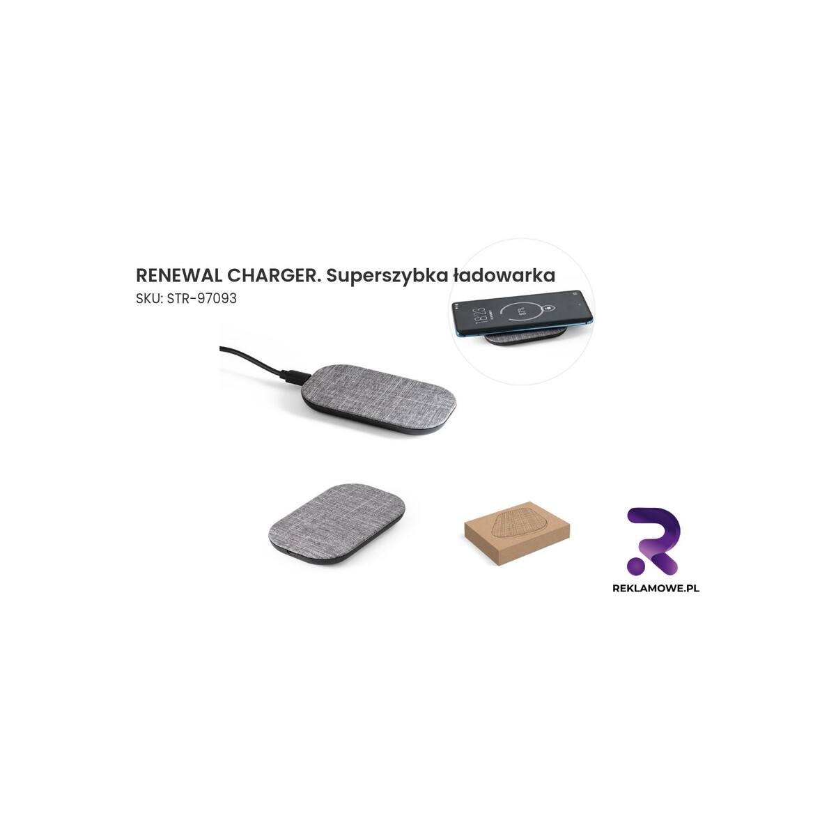 RENEWAL CHARGER. Superszybka ładowarka bezprzewodowa 15 W wykonana w przetworzonego PET (100% rPET) RENEWAL CHARGER – superszybka ładowarka